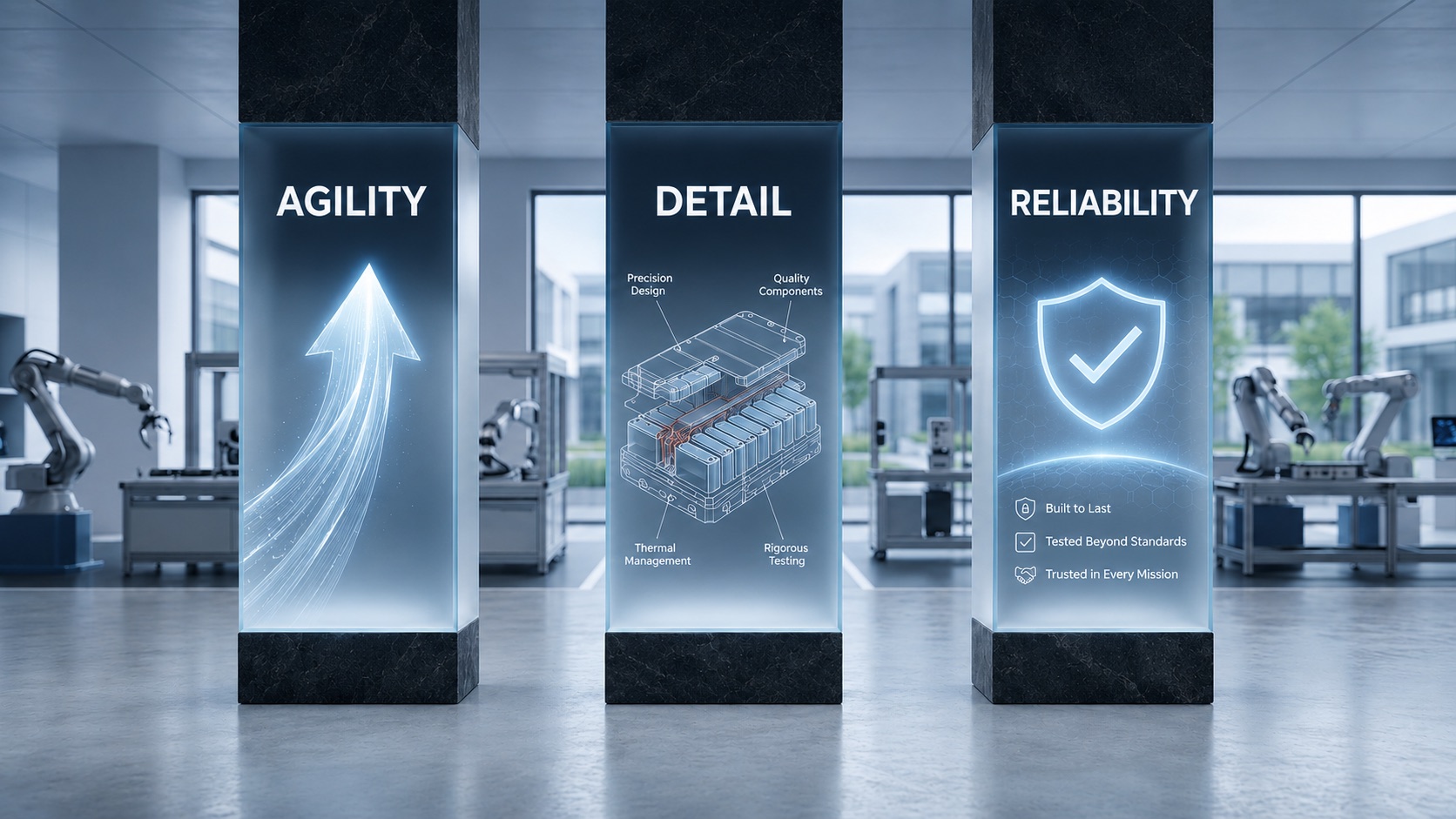 Three illuminated glass pillars in a robotics facility, each representing a Rova core value: Agility, Detail, and Reliability