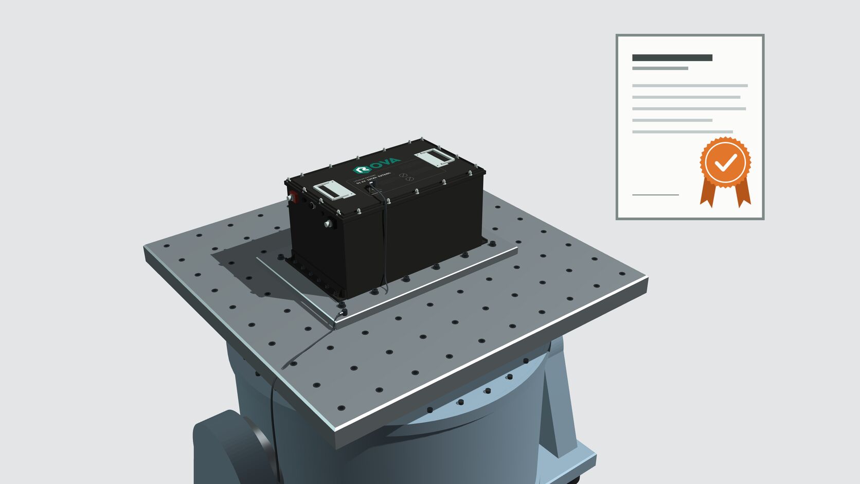 Illustration of a finished Rova battery pack bolted to a vibration test table, beside a certificate with a seal