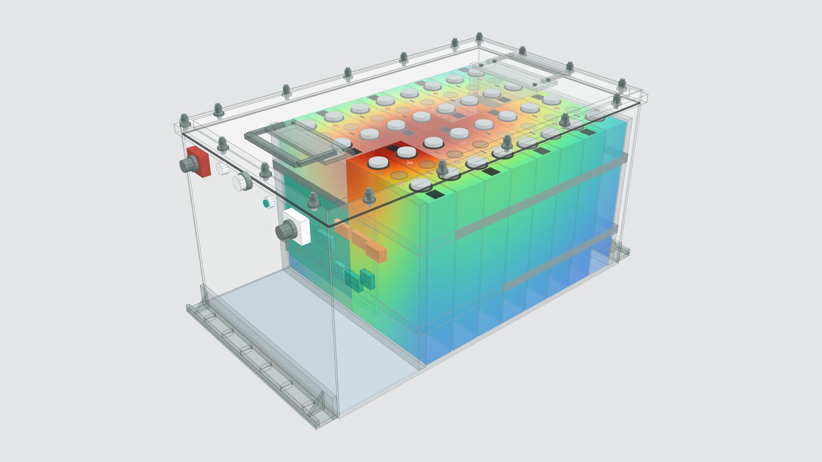 Illustration of a battery pack with its cells shaded by temperature