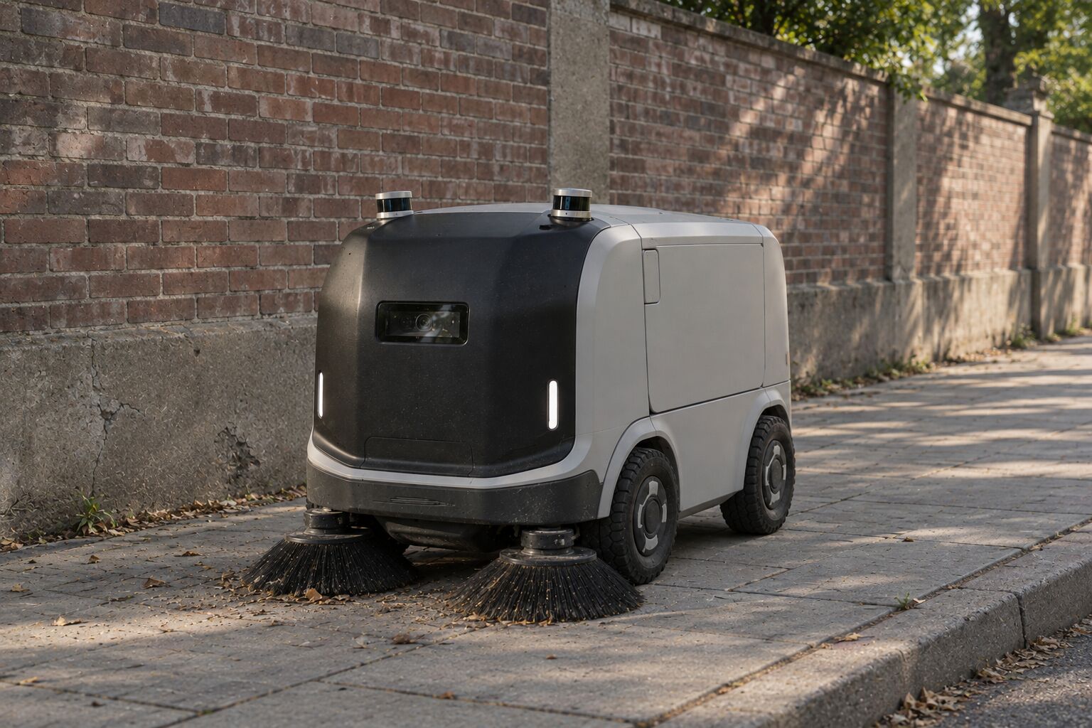 Autonomous sweeping robot cleaning a sidewalk