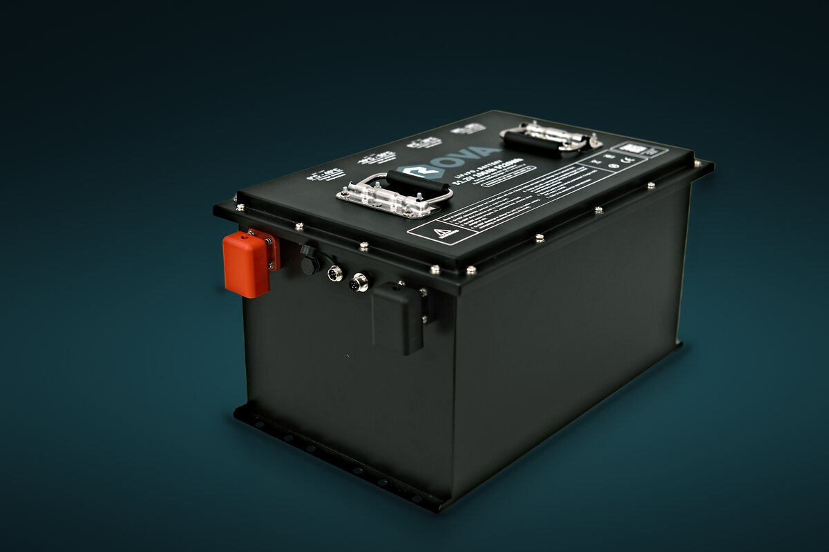 The 48V 100Ah LFP Pack from above, showing its lid, handles and mounting flange