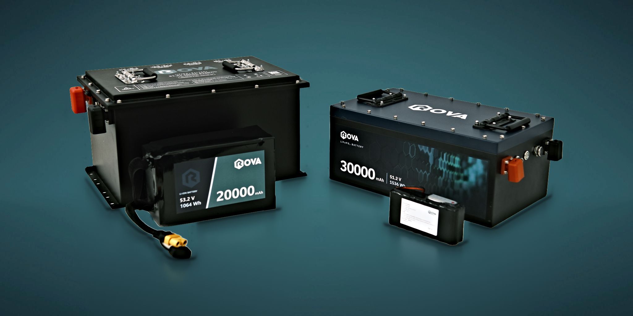 Four Rova standard packs together: the 48V 100Ah LFP, 48V 20Ah NMC, 48V 30Ah LFP and 14.8V 8.8Ah NMC packs